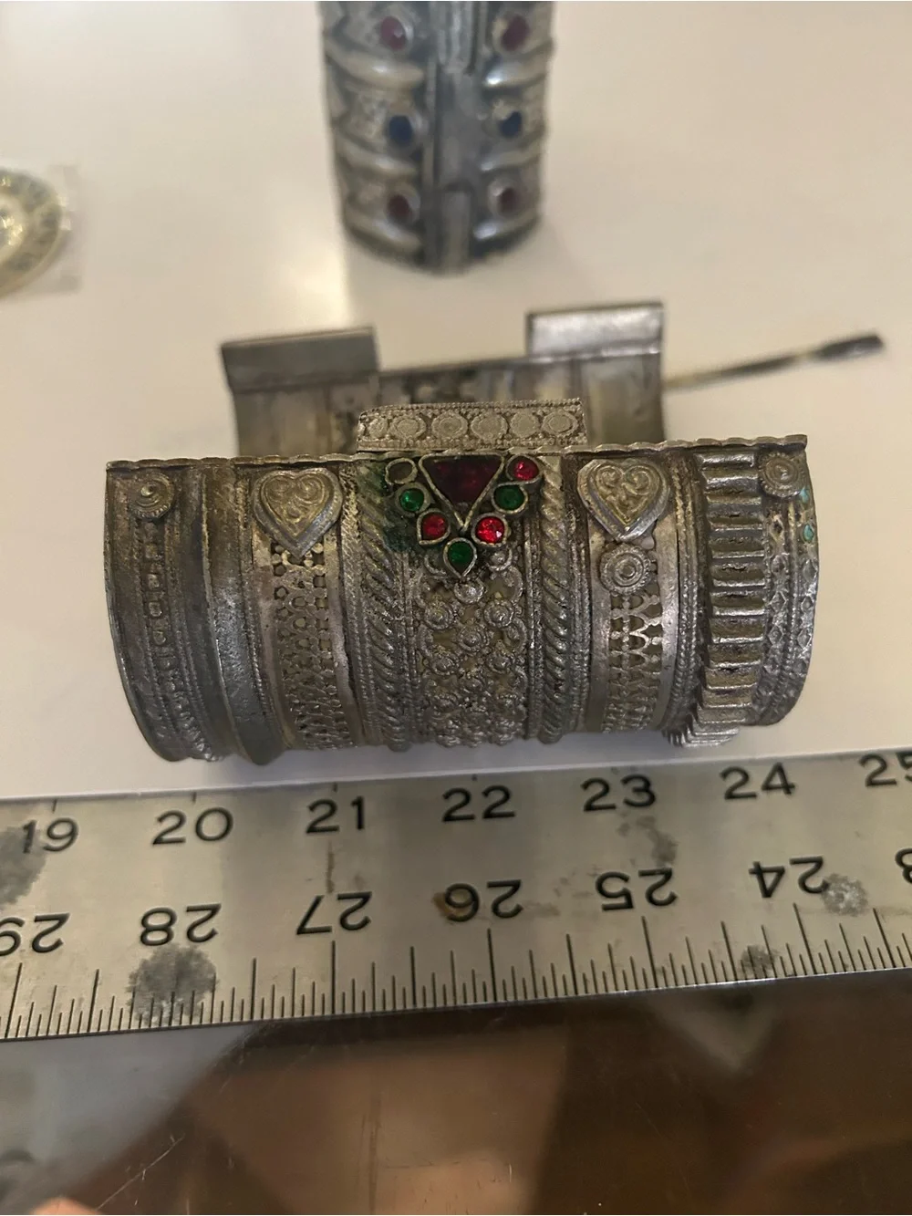 Ornate Silver-Tone Decorative Cuff with Red & Green Stones from India